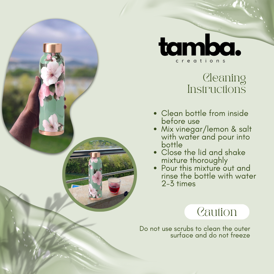 Mint Floral Design Pure Copper Water Bottle – 900ml | Tamba Creations