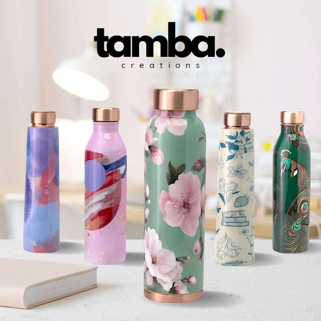 Mint Floral Design Pure Copper Water Bottle – 900ml | Tamba Creations