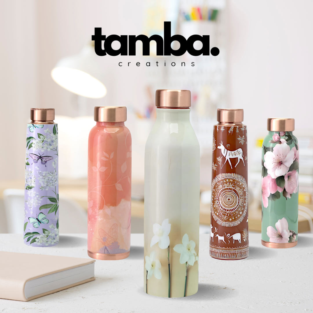 TAMBA CREATIONS Copper Water Bottle-Minimalistic Floral Design | Stylish BPA-Free Drinkware, Rust-Proof & Eco-Friendly | Ideal for Home, Office, Gym | Unique Special Occasion Gift (1L, Pack of 1)