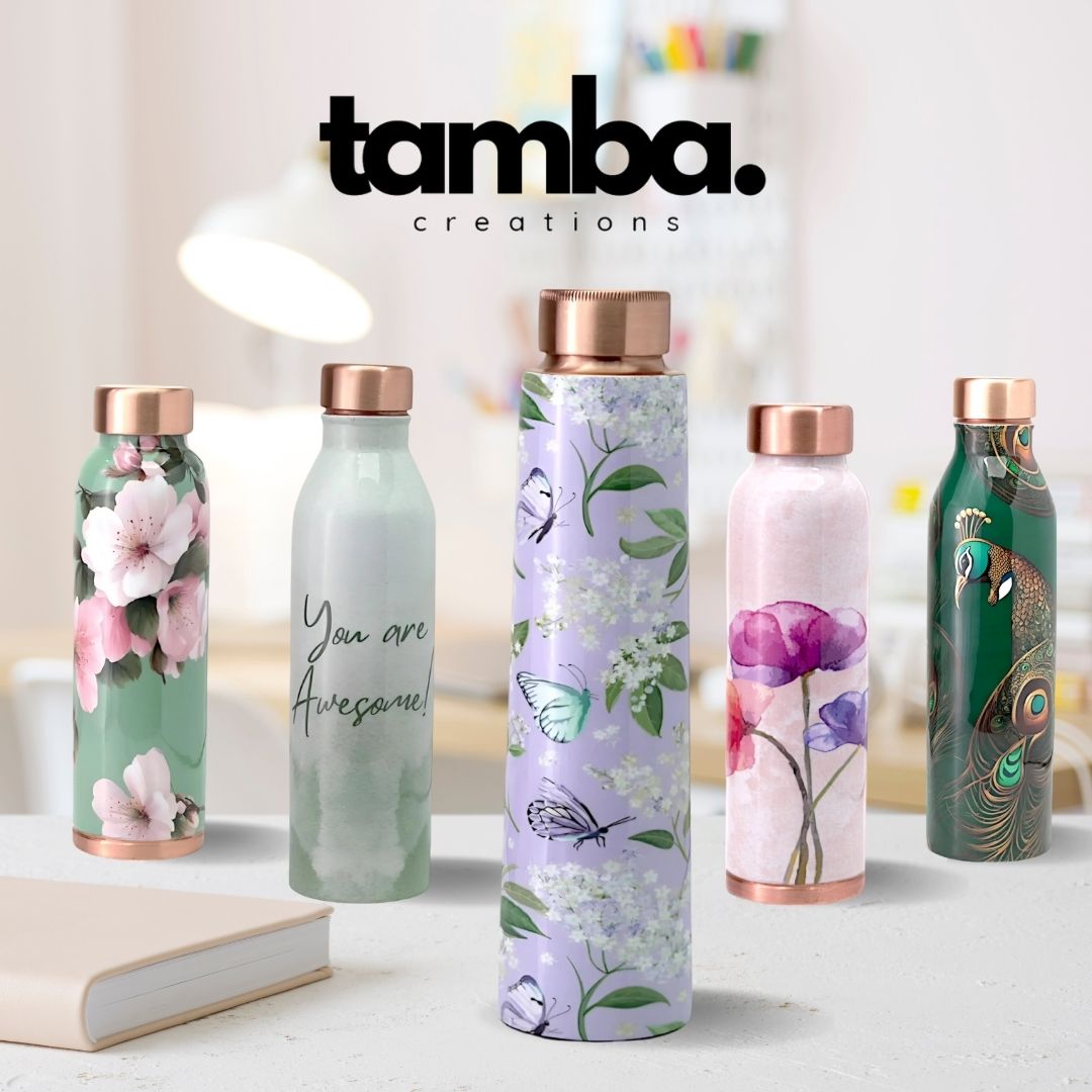 Majestic Floral Design Pure Copper Water Bottle – 850ml | Tamba Creations