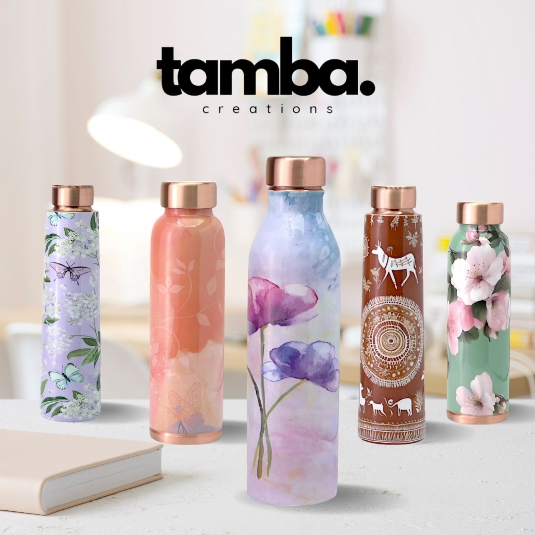 🌸 Handcrafted Floral Copper Bottle – Elegant Design (1 Litre)