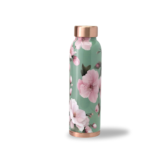 Mint Floral Design Pure Copper Water Bottle – 900ml | Tamba Creations